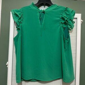 J. Crew Women's Green S/S Ruffle-Shoulder Tie-Neck Shirt Top Blouse XL